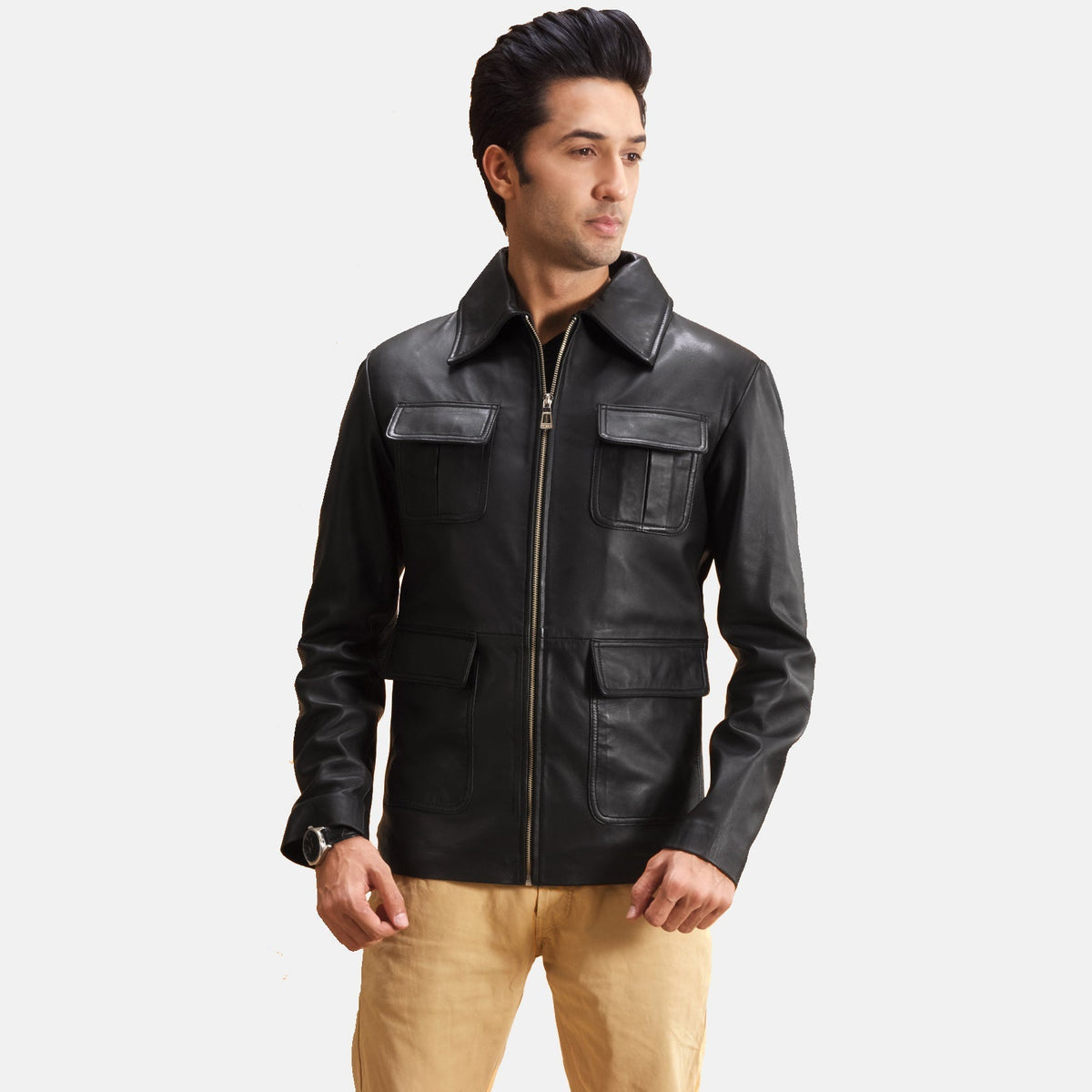 Raven Black Leather Jacket in Black Sheepskin Leather - Front Profile View & Tailored Silhouette | Buy Online
