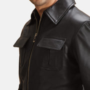Close-Up Detail of Shirt & Zipper Hardware on Raven Black Leather Jacket