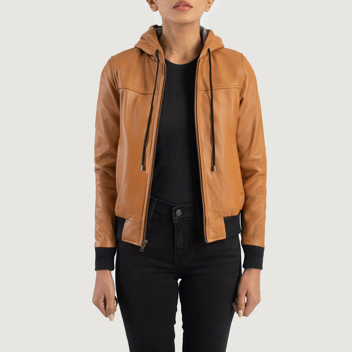 Rib knit & Hem Craftsmanship Construction Detail on Rebella Green Hooded Suede Bomber Jacket