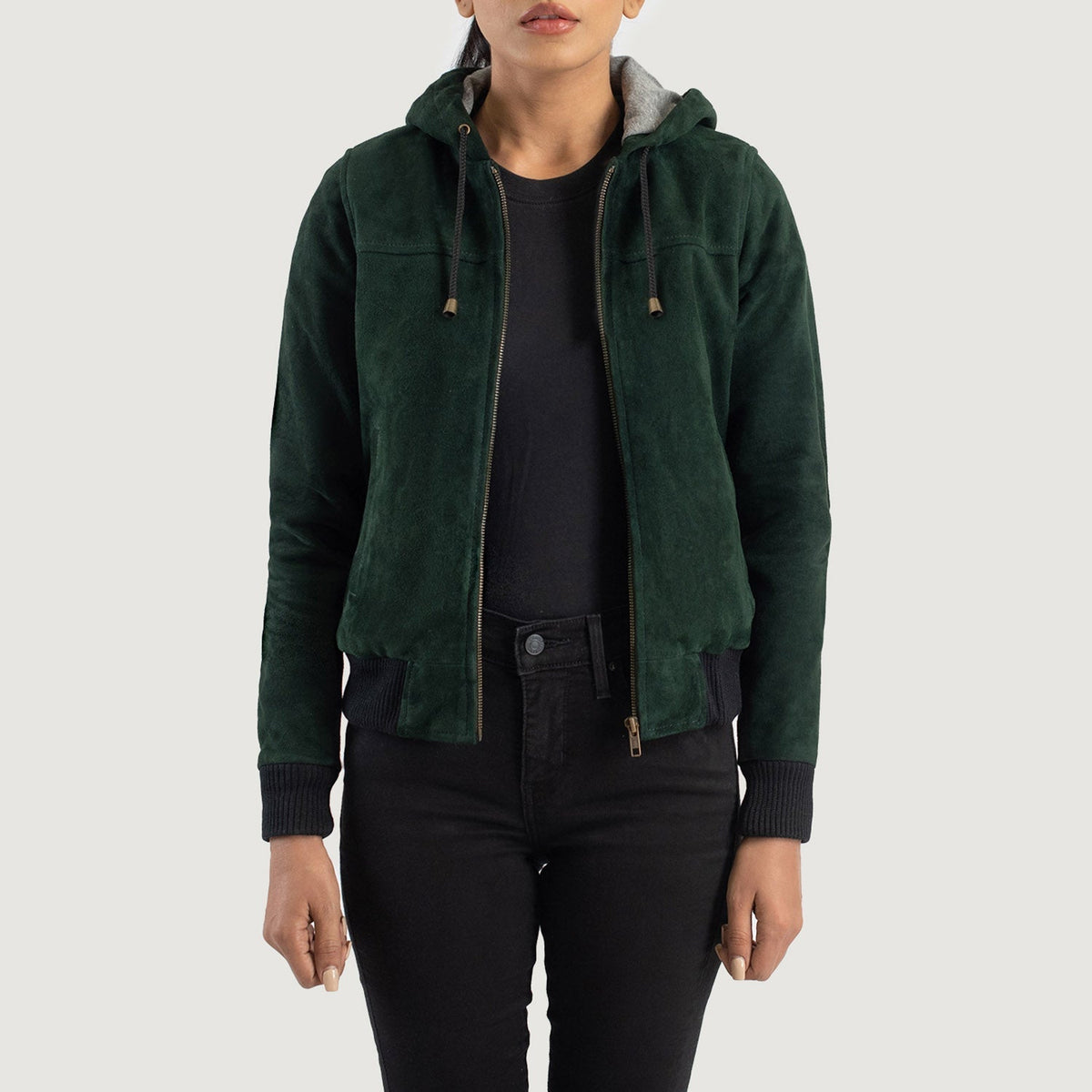 Rebella Green Hooded Suede Bomber Jacket in Green Goatskin Suede - Front Profile View & Tailored Silhouette | Buy Online