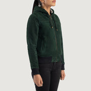 Green Goatskin Suede Bomber Jacket - Back View Showing Tailored Shoulder Fit & Clean Hemline