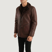 Distressed Brown Sheepskin Burnishing Aviator Jacket - Back View Showing Tailored Shoulder Fit & Clean Hemline