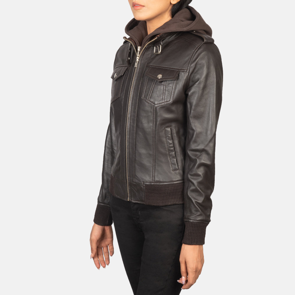 Brown Sheepskin Leather Bomber Jacket - Back View Showing Tailored Shoulder Fit & Clean Hemline