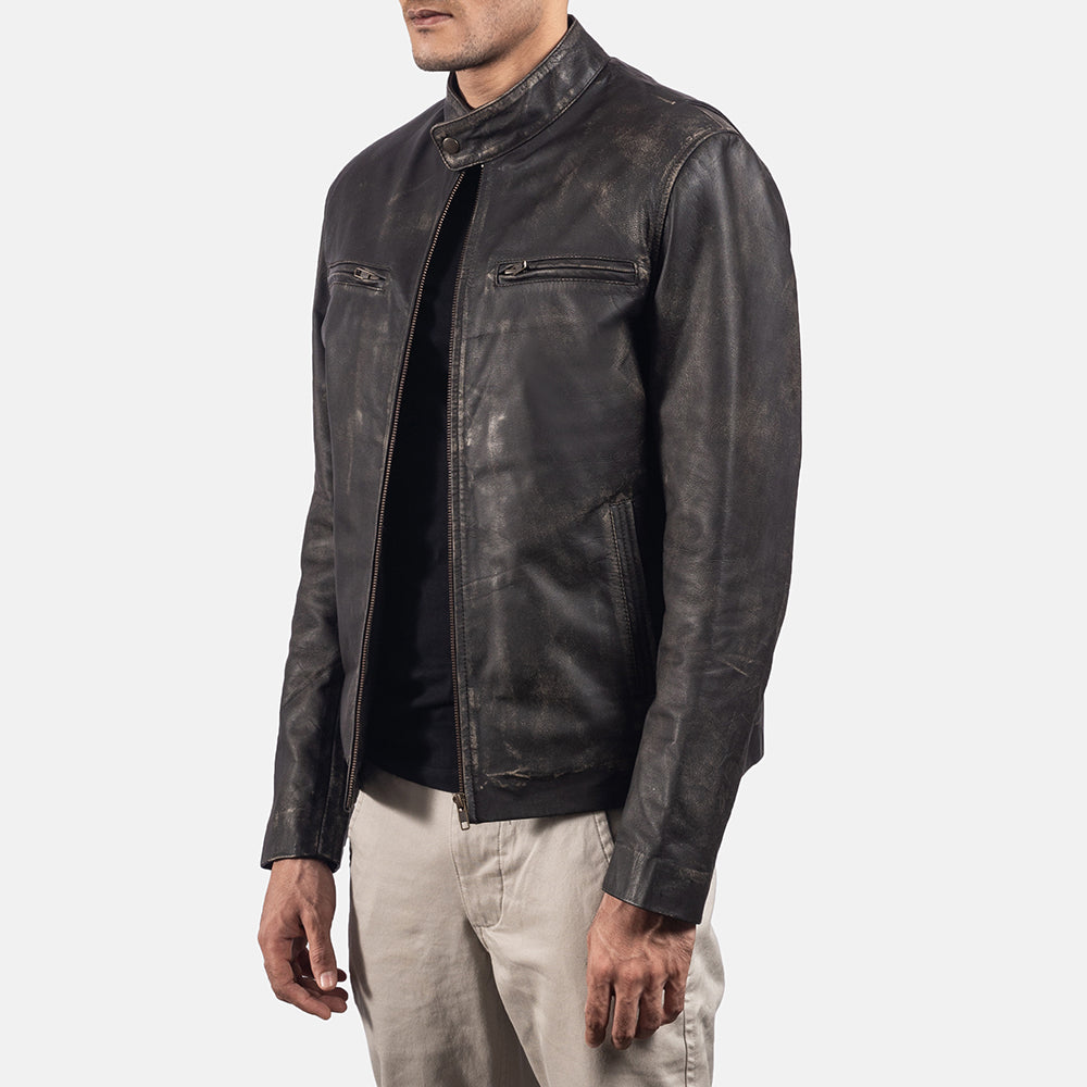 Styled Fit Perspective of Rustic Black Leather Biker Jacket on Model - Natural Daylight Drape