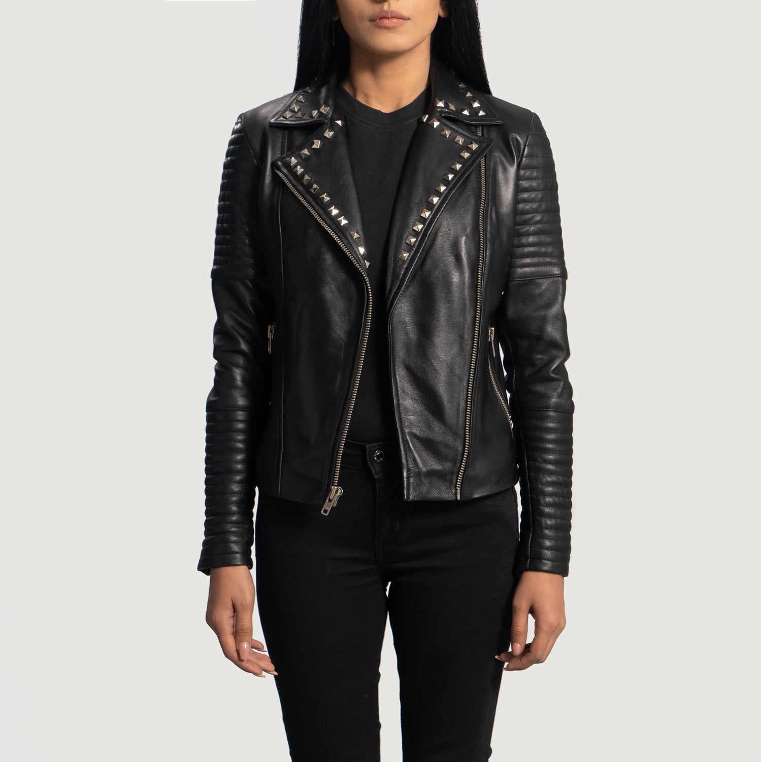 Sally Mae Studded Black Leather Biker Jacket - image 3