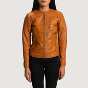 Women's Sandy Tan Dye Leather Biker Jacket in Tan Brown Sheepskin Dip &Amp; Dye - Front Profile View & Tailored Silhouette | Buy Online