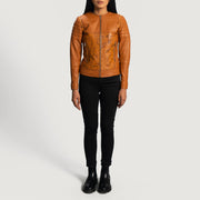 Close-Up Detail of Classic Collar & Zipper Hardware on Women's Sandy Tan Dye Leather Biker Jacket