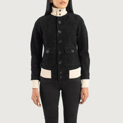Close-Up Detail of Knit Rib & Buttons Hardware on Women's Sasha A1 Black Suede Bomber Jacket
