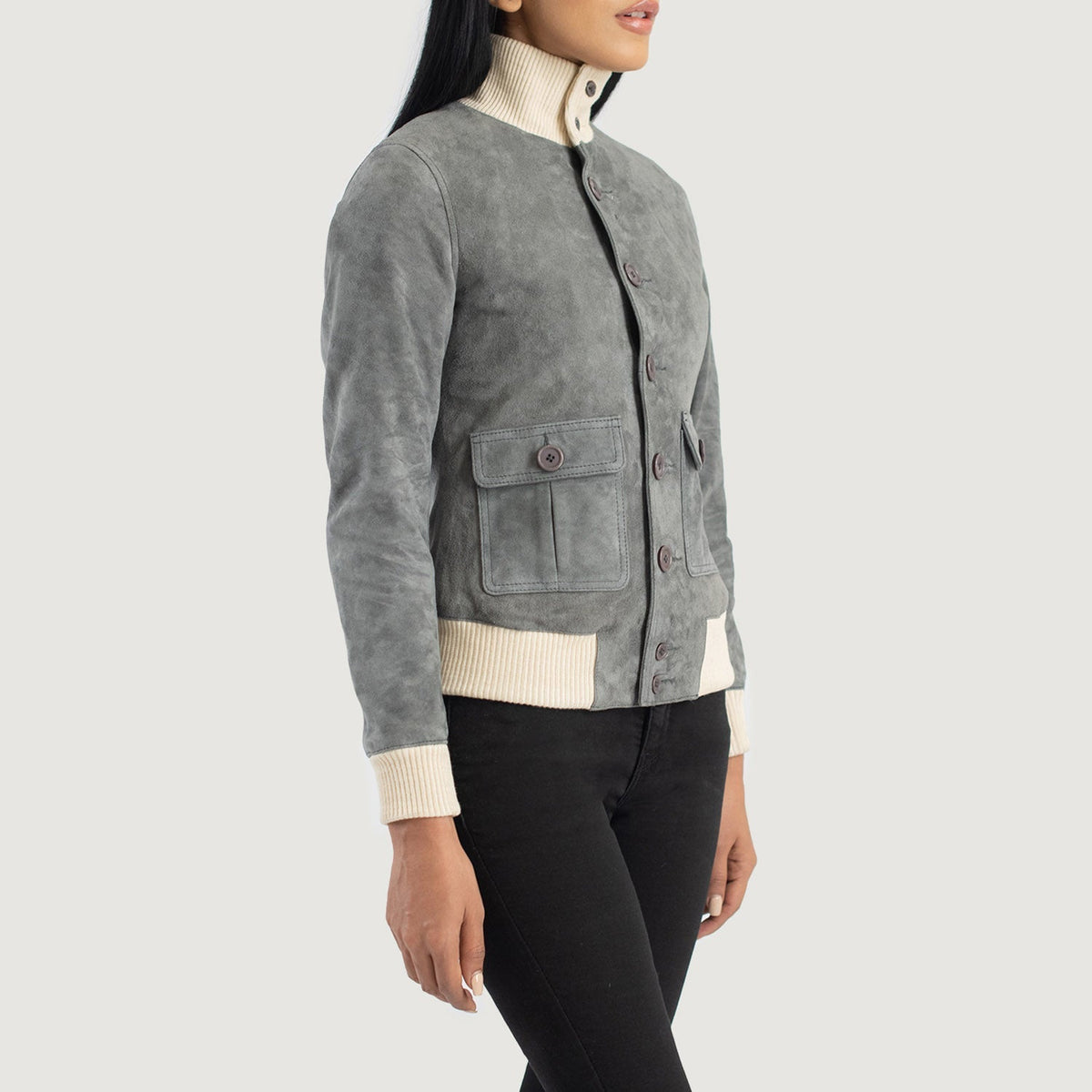 Styled Fit Perspective of Women's Sasha A1 Black Suede Bomber Jacket on Model - Natural Daylight Drape