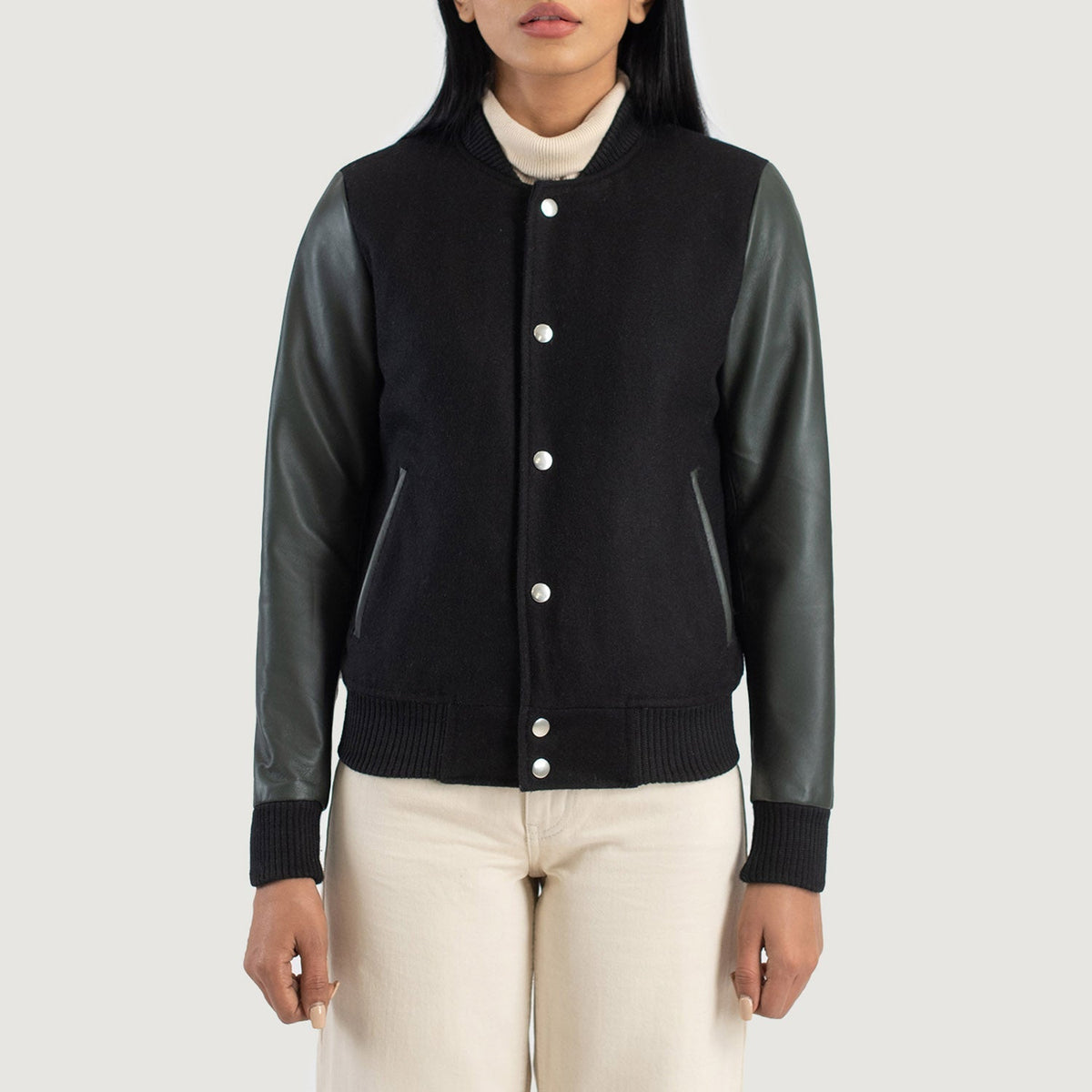 Close-Up Detail of Varsity & Snap Buttons Hardware on Savant Green Hybrid Varsity Jacket