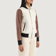 Styled Fit Perspective of Savant Green Hybrid Varsity Jacket on Model - Natural Daylight Drape