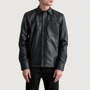Scout Black Leather Shirt - Lateral Side Profile View Showing Sleeve Cut & Athletic Taper Fit