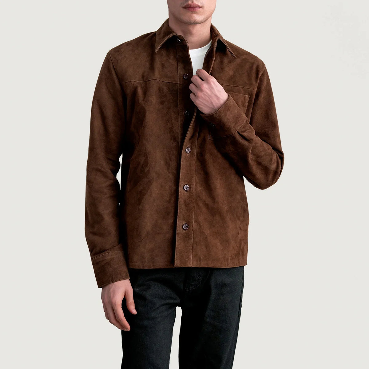 Scout Mocha Suede Leather Shirt in Brown Goatskin Suede - Front Profile View & Tailored Silhouette | Buy Online