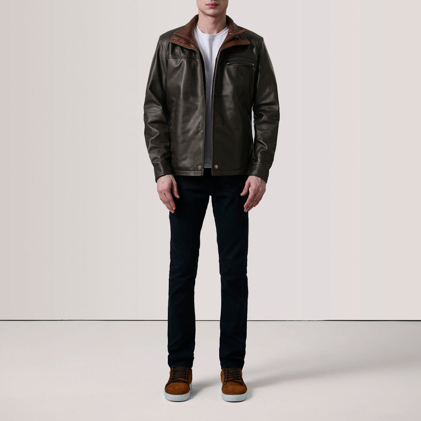 Brown Sheepskin Leather Biker Jacket - Back View Showing Tailored Shoulder Fit & Clean Hemline