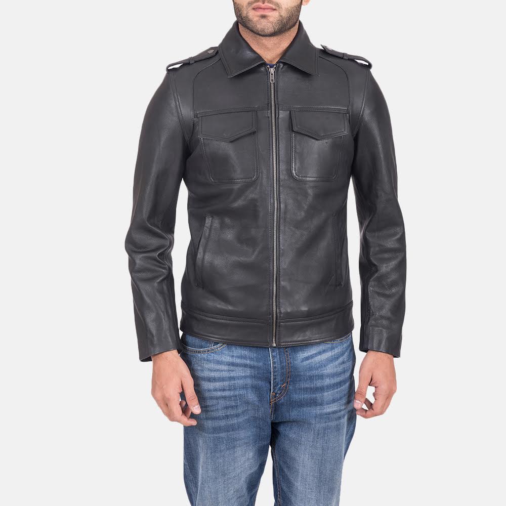 Sergeant Black Leather Jacket in Black Calfskin Leather - Front Profile View & Tailored Silhouette | Buy Online