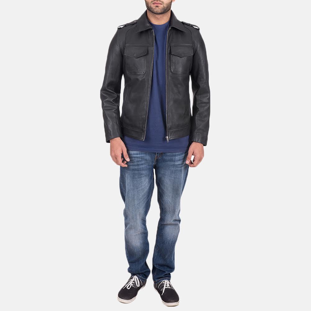 Close-Up Detail of Shirt & Zipper Hardware on Sergeant Black Leather Jacket