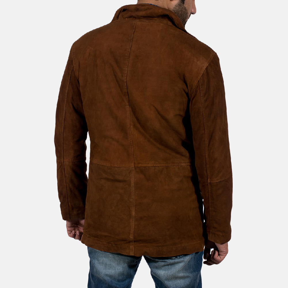 Close-Up Detail of High neck & Zipper with Button Flap Hardware on Men's Sheriff Brown Suede Jacket