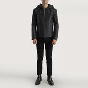 Close-Up Detail of Hooded & Zipper Hardware on Men's Spratt Black Hooded Leather Jacket