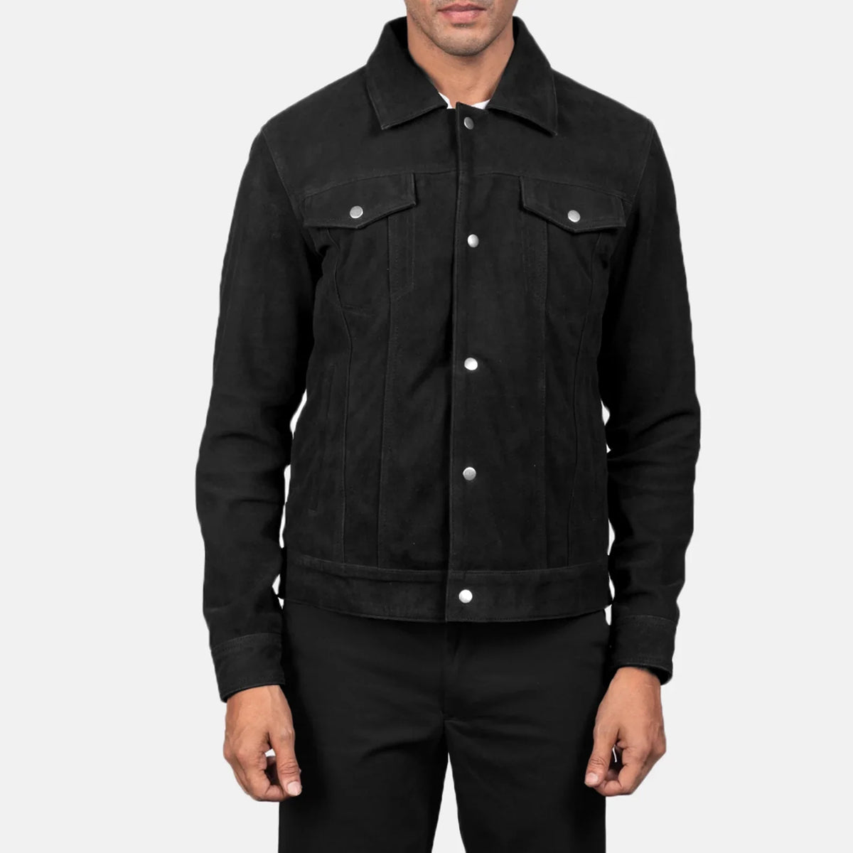 Close-Up Detail of Shirt & Snap Button Hardware on Men's Stallon Black Suede Jacket