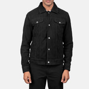 Close-Up Detail of Shirt & Snap Button Hardware on Men's Stallon Black Suede Jacket