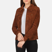 Women's Suzy Brown Suede Trucker Jacket in Brown Goatskin Suede - Front Profile View & Tailored Silhouette | Buy Online