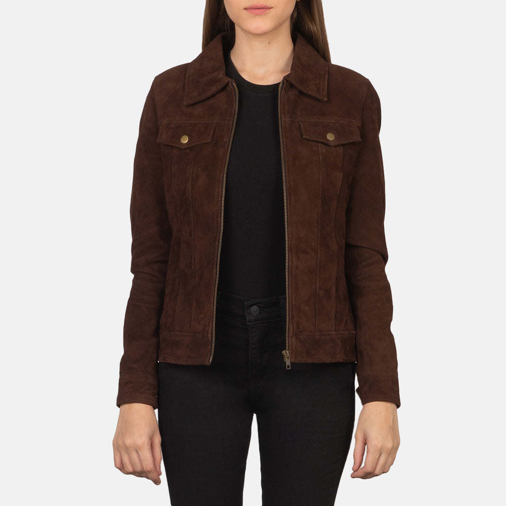 Snap Button & Hem Craftsmanship Construction Detail on Women's Suzy Brown Suede Trucker Jacket