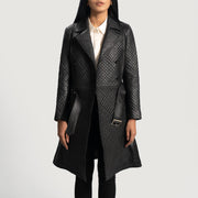 Close-Up Detail of Notch & Button & waist belt Hardware on Women's Sweet Susan Black Leather Trench Coat