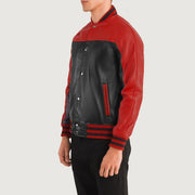 Styled Fit Perspective of Terrance Black & Red Leather Varsity Jacket on Model - Natural Daylight Drape