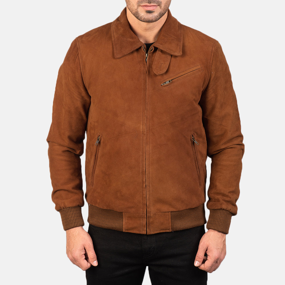 Close-Up Detail of Shirt & Zipper Hardware on Men's Tomchi Tan Suede Leather Jacket