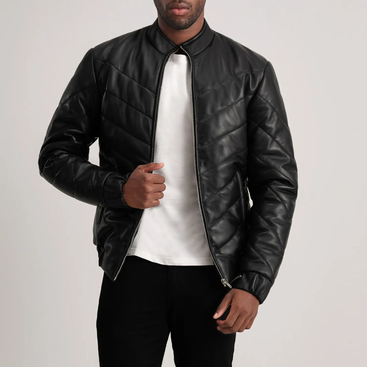 Travis Black Leather Puffer Jacket in Black Sheepskin Leather - Front Profile View & Tailored Silhouette | Buy Online