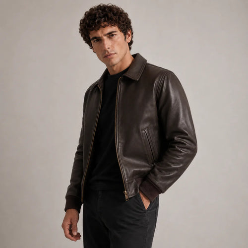 Dark brown sheepskin leather bomber jacket – three-quarter view
