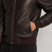 Dark brown sheepskin leather bomber jacket – back view