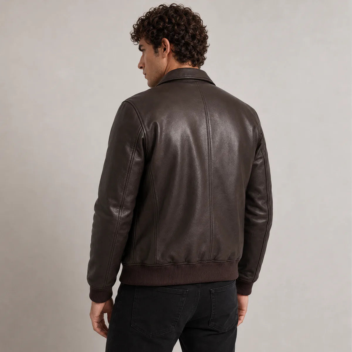 Dark brown sheepskin bomber jacket – pocket, zipper and ribbed hem detail