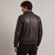 Dark brown sheepskin bomber jacket – pocket, zipper and ribbed hem detail