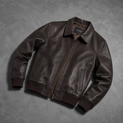 ORLAVEN dark brown leather bomber jacket – flat lay front