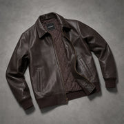 ORLAVEN dark brown leather bomber jacket – open flat lay and lining