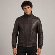 Dark brown sheepskin leather bomber jacket – front view