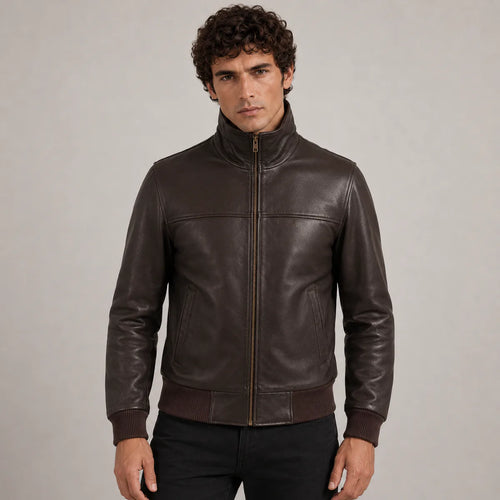 Dark brown sheepskin leather bomber jacket – front view