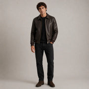 Dark brown sheepskin leather bomber jacket – full-body fit