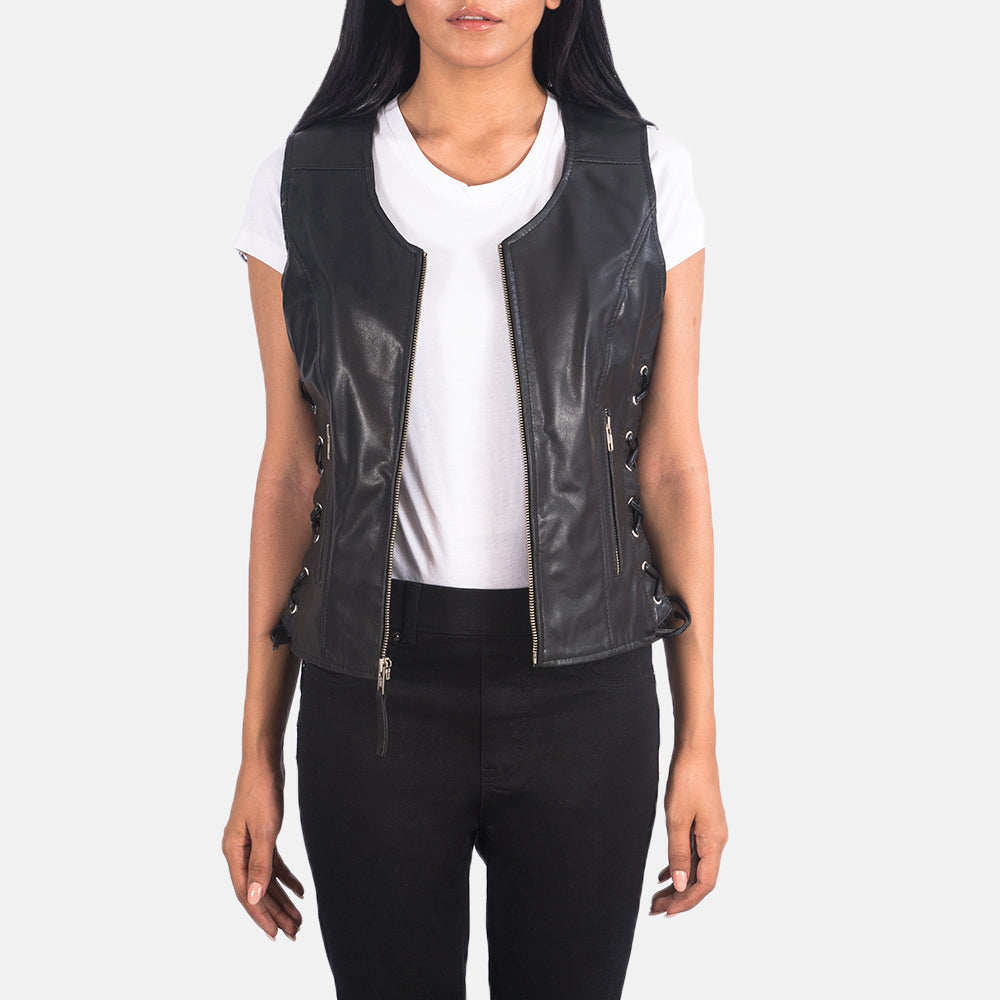 Vanda Black Leather Biker Vest - image 1