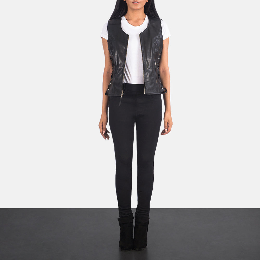 Vanda Black Leather Biker Vest - image 3