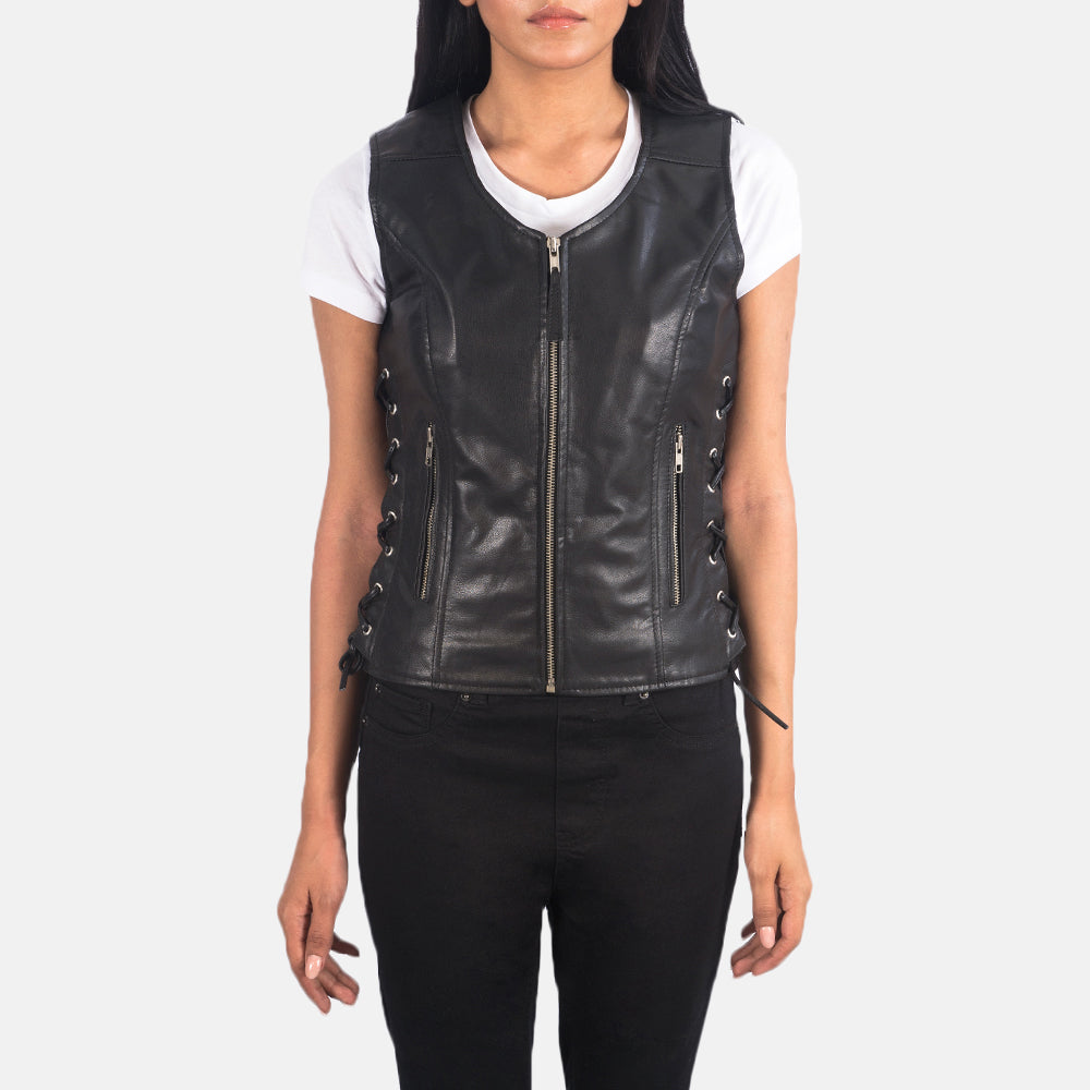 Vanda Black Leather Biker Vest - image 4