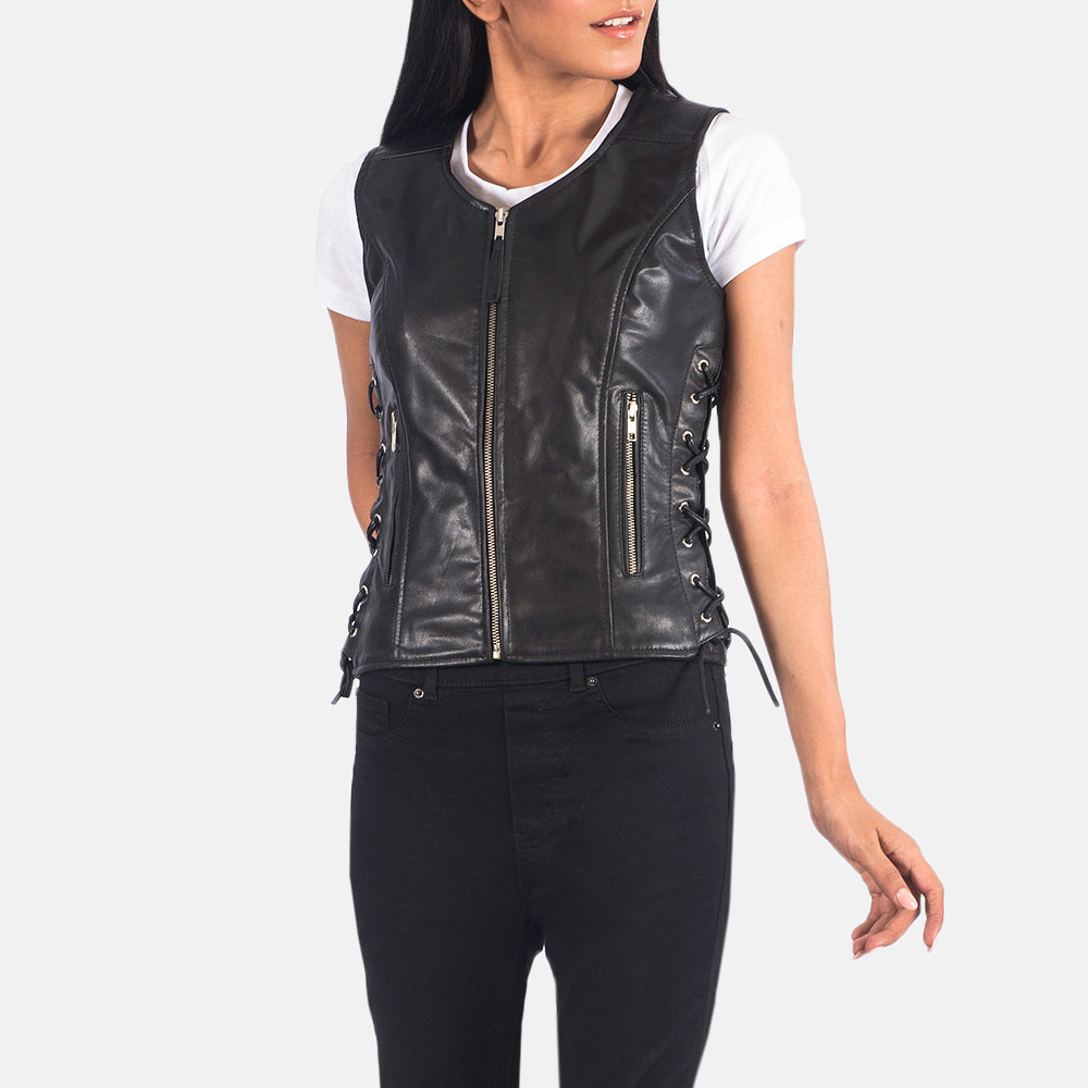 Vanda Black Leather Biker Vest - image 6