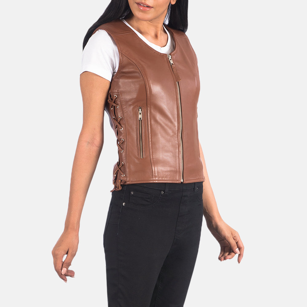 Vanda Brown Leather Biker Vest - image 6