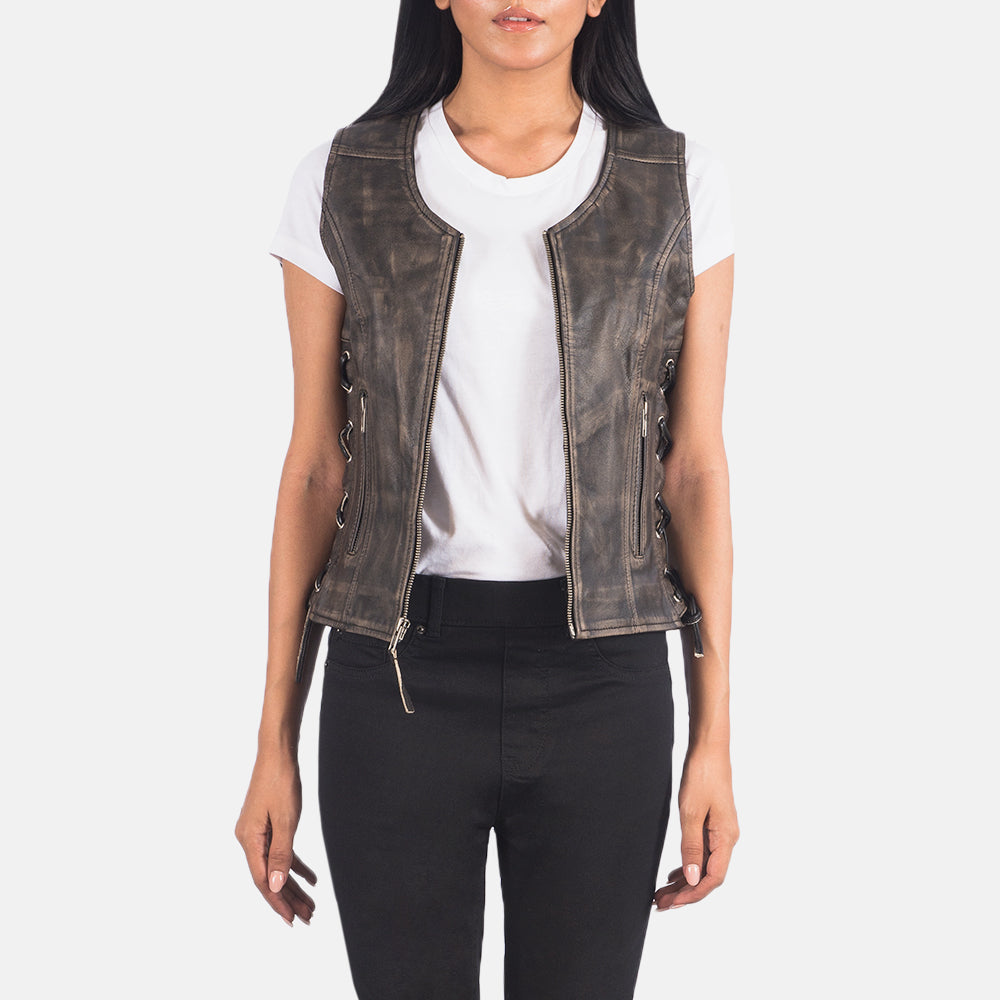 Vanda Distressed Brown Leather Biker Vest - image 1