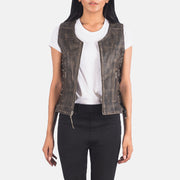 Vanda Distressed Brown Leather Biker Vest - image 1