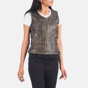 Vanda Distressed Brown Leather Biker Vest - image 2