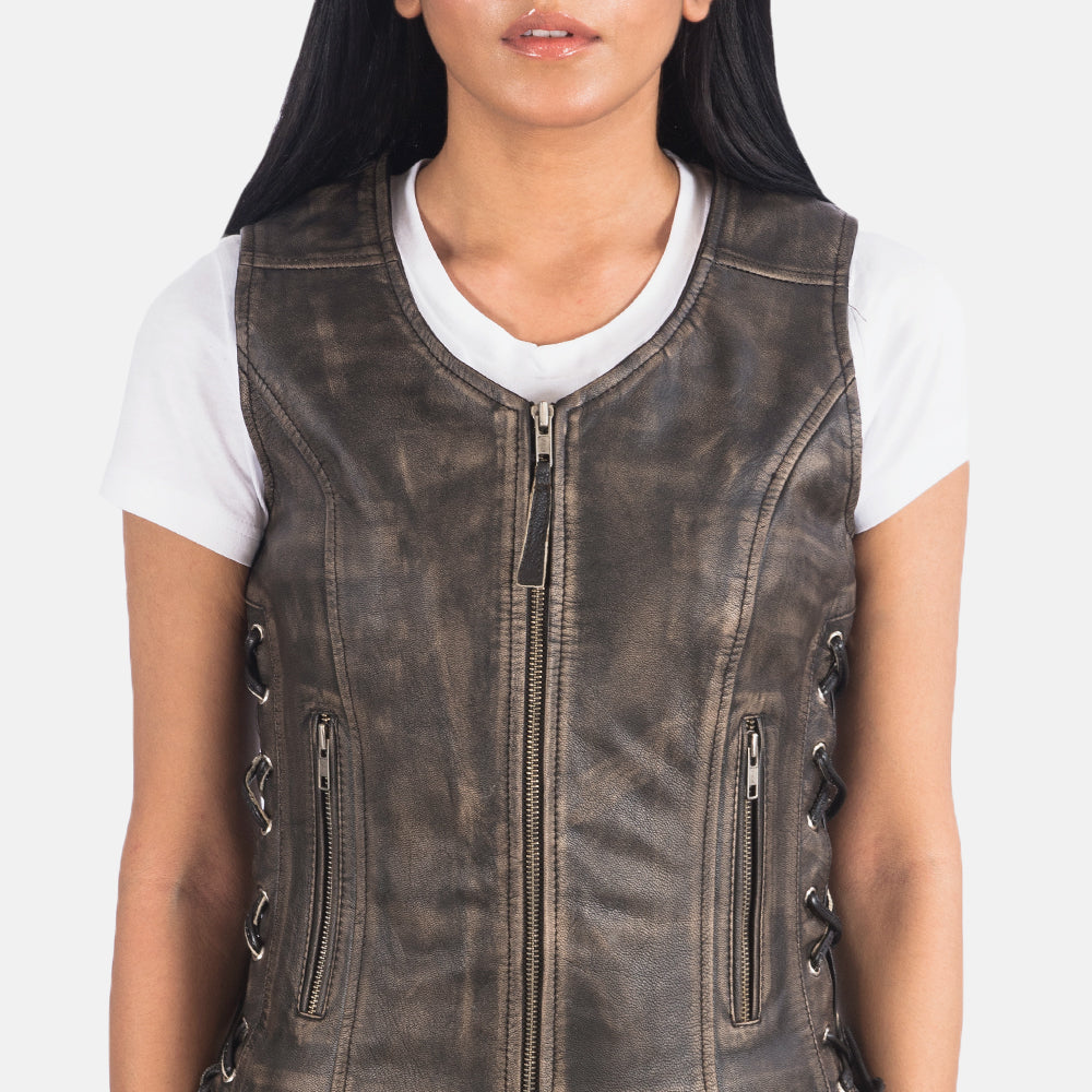 Vanda Distressed Brown Leather Biker Vest - image 6