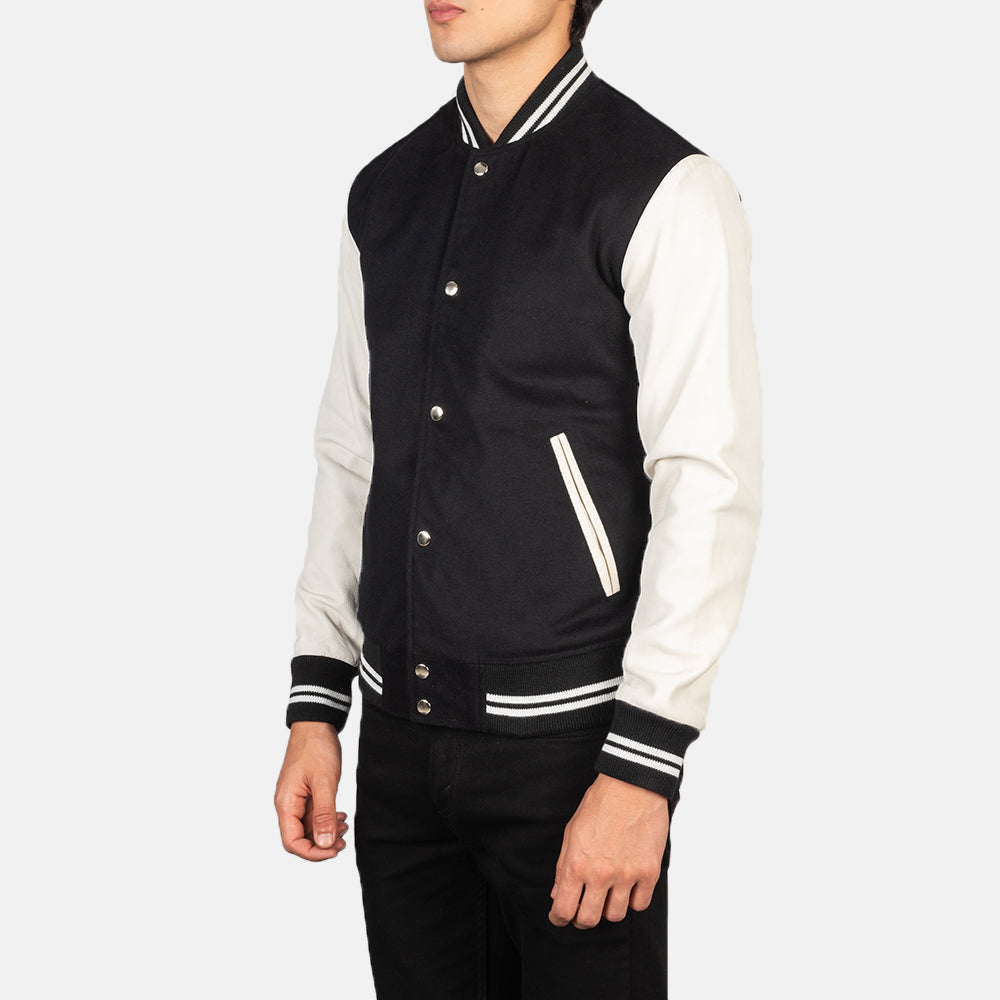 Black & White Sheepskin Leather Varsity Jacket - Back View Showing Tailored Shoulder Fit & Clean Hemline