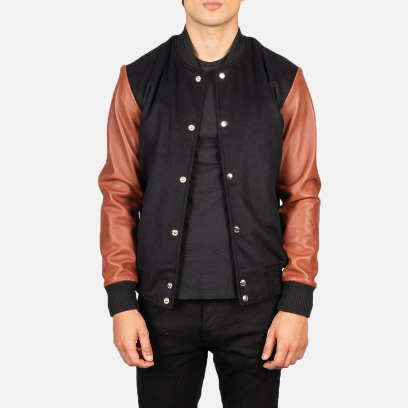 Men's Vaxton Brown Hybrid Varsity Jacket in Black & Brown Sheepskin Leather - Front Profile View & Tailored Silhouette | Buy Online